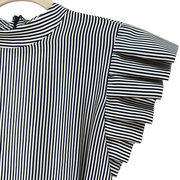 Katharine Kidd 100% Silk Navy Blue Striped Midi Dress with Ruffle Sleeves Size 2 - Picture 4 of 9